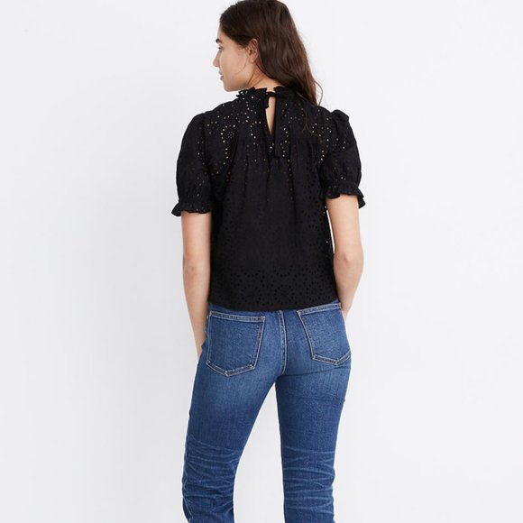 NWT Madewell Embroidered Eyelet Ruffle-Neck Keyhole Top - XL - Black - Back Tie - Picture 6 of 10